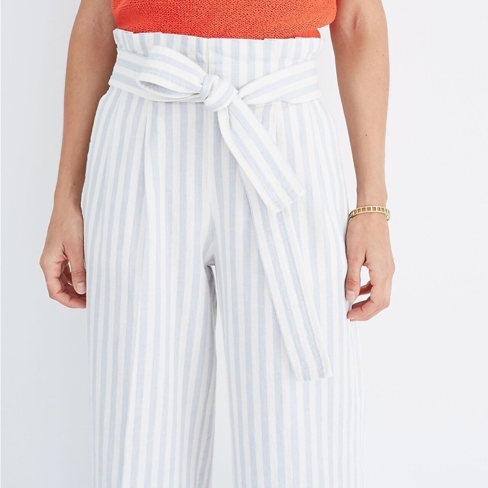 MADEWELL Tie Waist Huston Pull On Crop Pants Wide Leg Stripe Blue White Sz M